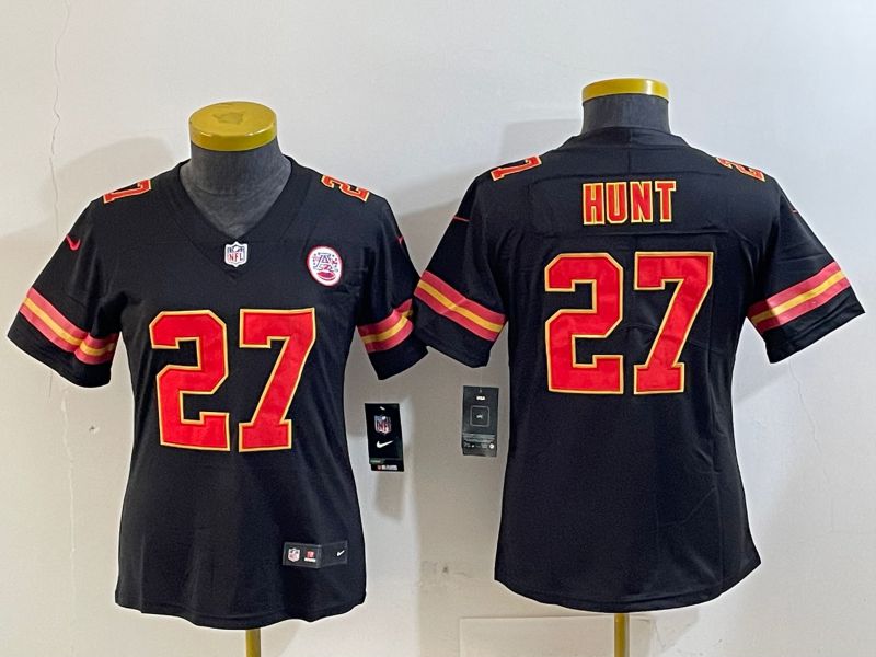 Youth Kansas City Chiefs #27 Hunt Black Second generations 2025 Nike Vapor Limited NFL Jersey style 1
